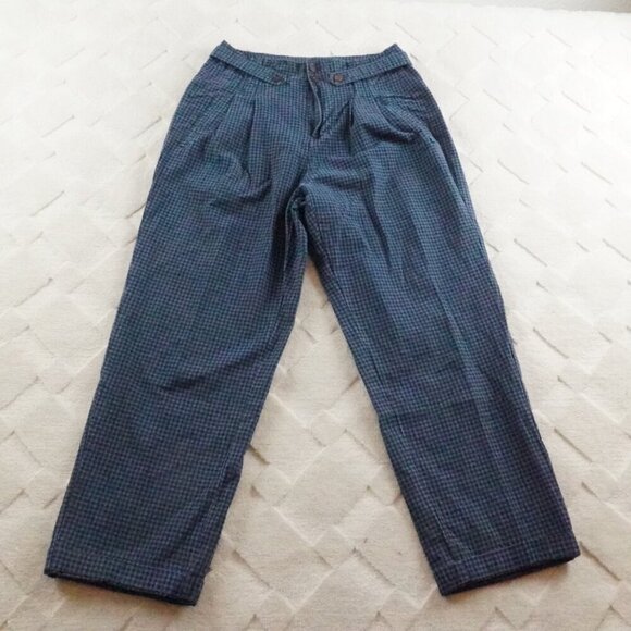 Sundance Checker Plaid Pants Womens 2 Blue Linen Blend - Picture 1 of 11